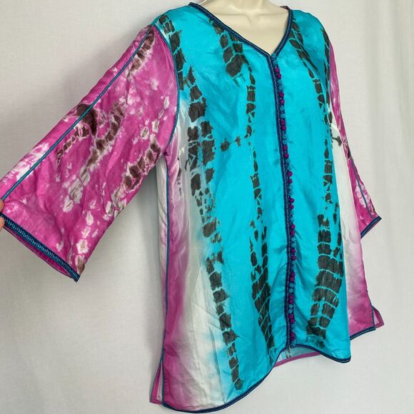Soft Surroundings Silk Tunic Top Large Women Tie Dye Curacao Oversize Flowy Boho - Picture 5 of 13